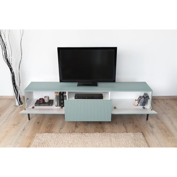 Szafka RTV NICOLE 200 cm - szałwia MDF / czarne nóżki
