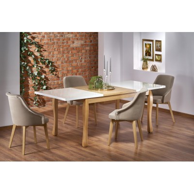 DONOVAN stół kolor blat - biały / dąb naturalny, nogi - dąb naturalny (140-210x90x75 cm) (1p1szt)Stoły szklane i mdf wycof