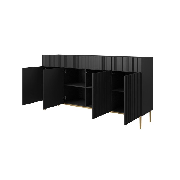 Komoda Nicole 200 cm z czterema szufladami - czarny mat / złote nóżki