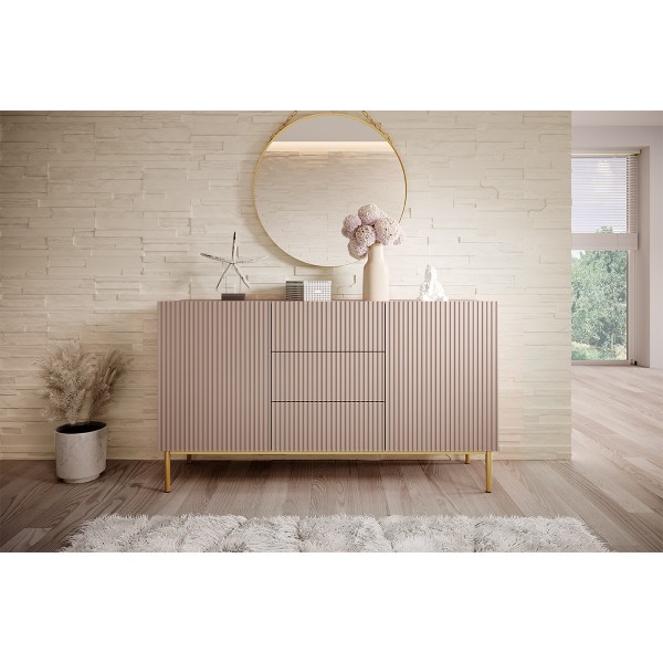 Komoda Nicole 150 cm z trzema szufladami - antyczny róż MDF / złote nóżki
