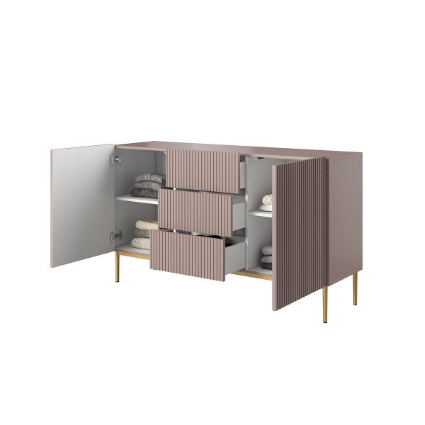 Komoda Nicole 150 cm z trzema szufladami - antyczny róż MDF / złote nóżki
