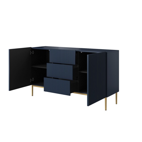 Komoda Nicole 150 cm z trzema szufladami - granat MDF / złote nóżki