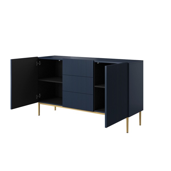 Komoda Nicole 150 cm z trzema szufladami - granat MDF / złote nóżki