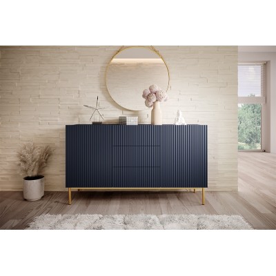 Komoda Nicole 150 cm z trzema szufladami - granat MDF / złote nóżki