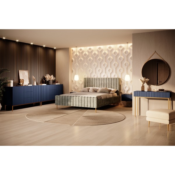 Komoda Nicole 150 cm z trzema szufladami - granat MDF / złote nóżki