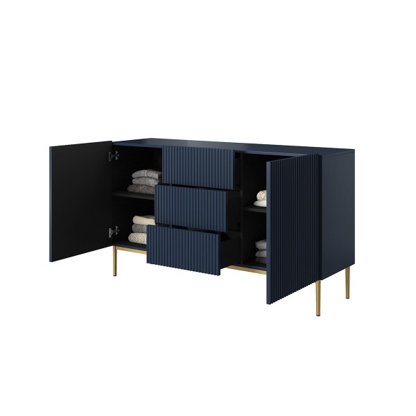 Komoda Nicole 150 cm z trzema szufladami - granat MDF / złote nóżki