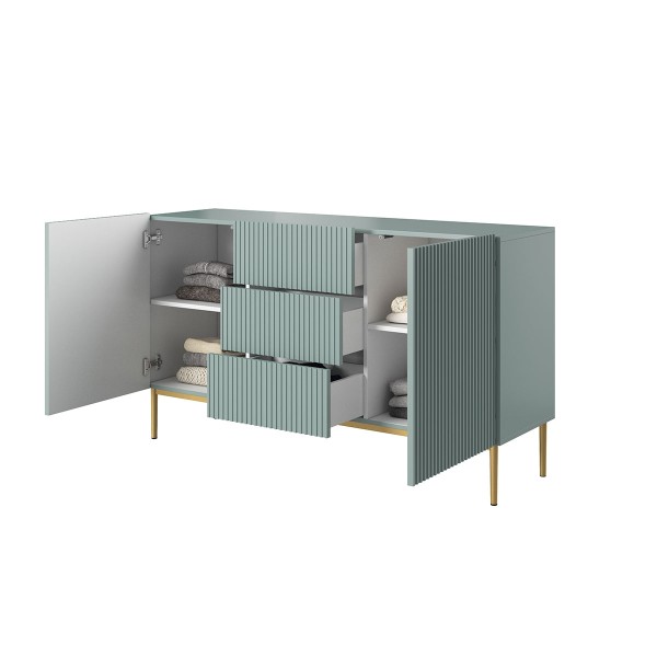 Komoda Nicole 150 cm z trzema szufladami - szałwia MDF / złote nóżki