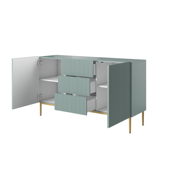 Komoda Nicole 150 cm z trzema szufladami - szałwia MDF / złote nóżki