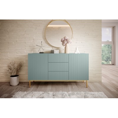 Komoda Nicole 150 cm z trzema szufladami - szałwia MDF / złote nóżki