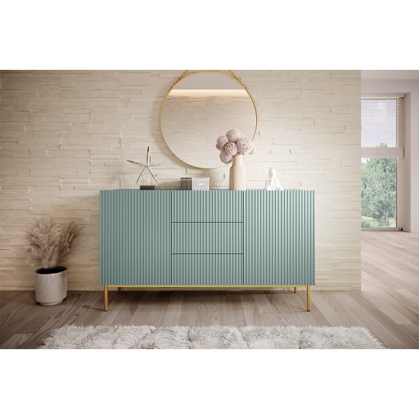 Komoda Nicole 150 cm z trzema szufladami - szałwia MDF / złote nóżki