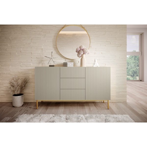Komoda Nicole 150 cm z trzema szufladami - kaszmir / złote nóżki