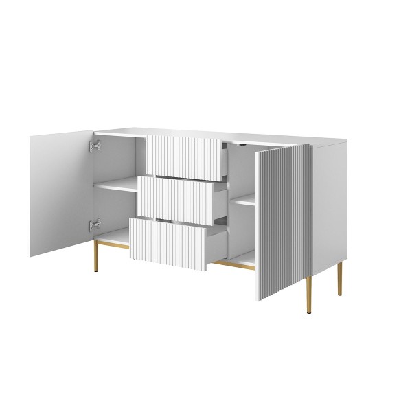 Komoda Nicole 150 cm z trzema szufladami - biały mat / złote nóżki
