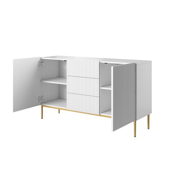 Komoda Nicole 150 cm z trzema szufladami - biały mat / złote nóżki