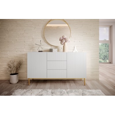 Komoda Nicole 150 cm z trzema szufladami - biały mat / złote nóżki