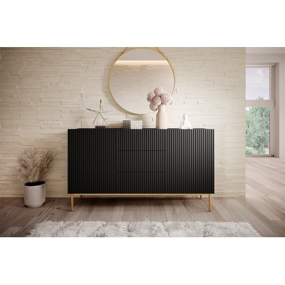 Komoda Nicole 150 cm z trzema szufladami - czarny mat / złote nóżki