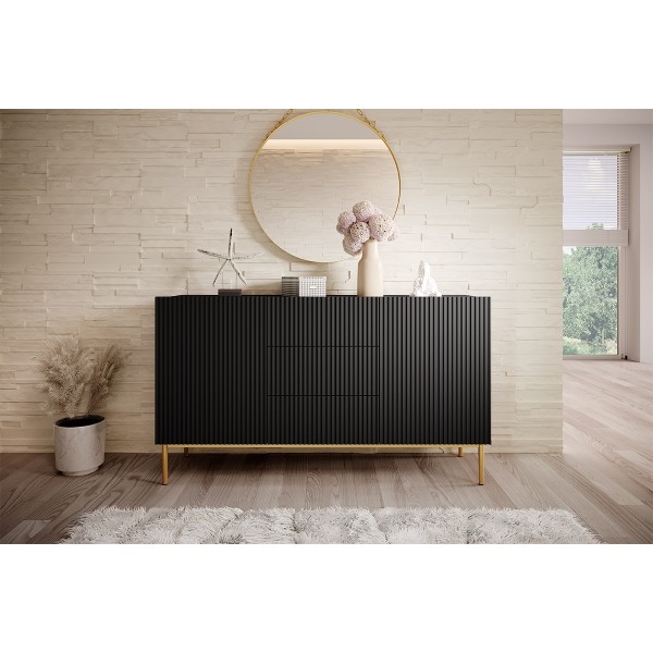 Komoda Nicole 150 cm z trzema szufladami - czarny mat / złote nóżki