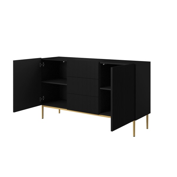 Komoda Nicole 150 cm z trzema szufladami - czarny mat / złote nóżki