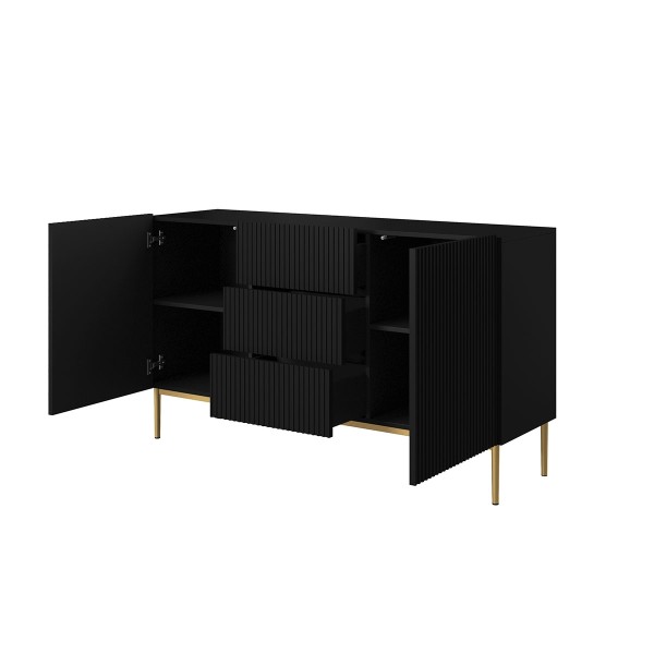 Komoda Nicole 150 cm z trzema szufladami - czarny mat / złote nóżki