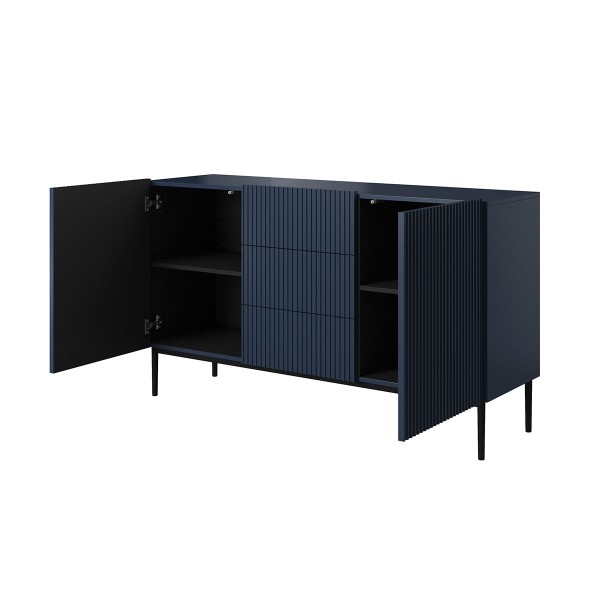 Komoda Nicole 150 cm z trzema szufladami - granat MDF / czarne nóżki