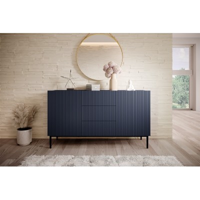 Komoda Nicole 150 cm z trzema szufladami - granat MDF / czarne nóżki