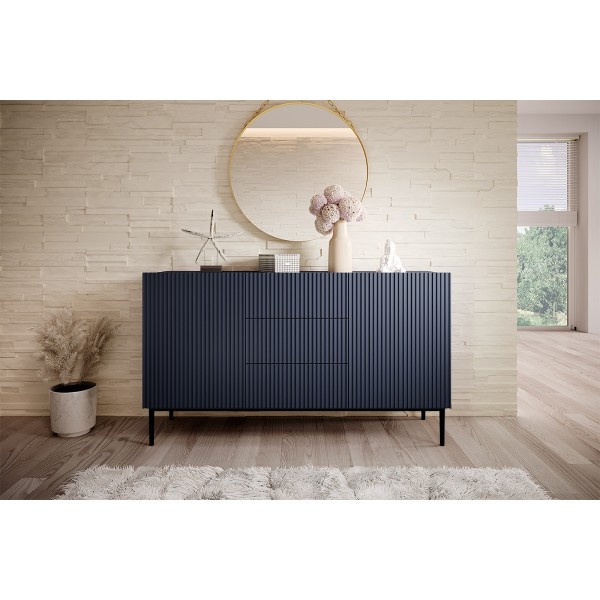 Komoda Nicole 150 cm z trzema szufladami - granat MDF / czarne nóżki
