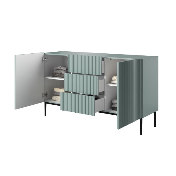 Komoda Nicole 150 cm z trzema szufladami - szałwia MDF / czarne nóżki