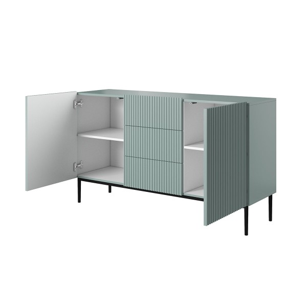 Komoda Nicole 150 cm z trzema szufladami - szałwia MDF / czarne nóżki