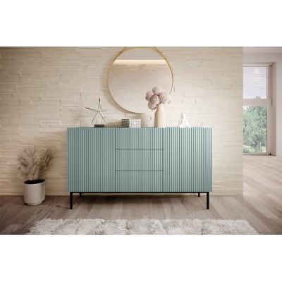 Komoda Nicole 150 cm z trzema szufladami - szałwia MDF / czarne nóżki