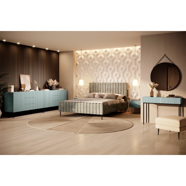 Komoda Nicole 150 cm z trzema szufladami - szałwia MDF / czarne nóżki