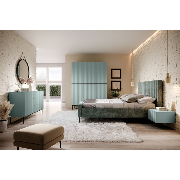 Komoda Nicole 150 cm z trzema szufladami - szałwia MDF / czarne nóżki
