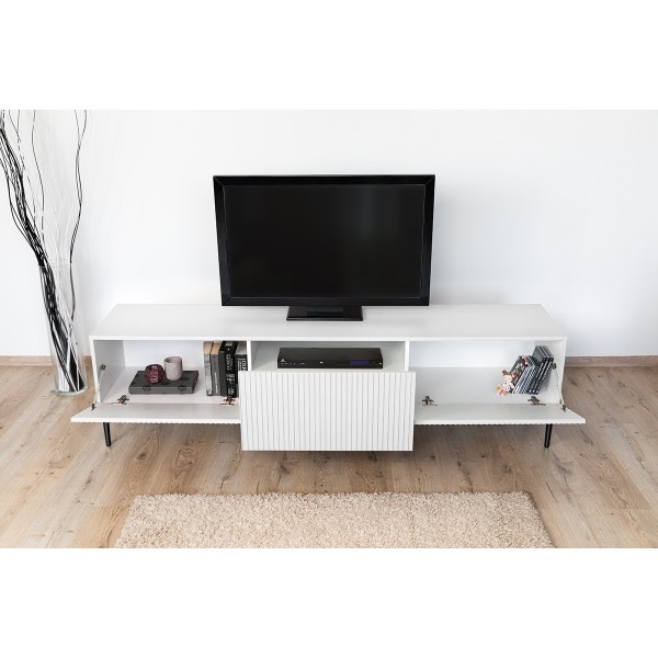 Szafka RTV Nicole 200 cm - biały mat / czarne nóżki