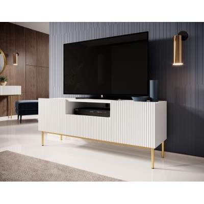 Szafka RTV Nicole 150 cm z wnęką - biały mat / złote nóżki
