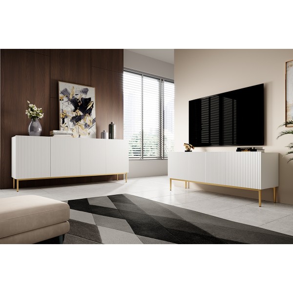 Szafka RTV Nicole 150 cm - biały mat / złote nóżki