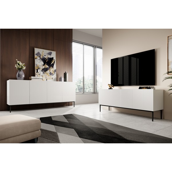 Szafka RTV Nicole 150 cm - biały mat / czarne nóżki