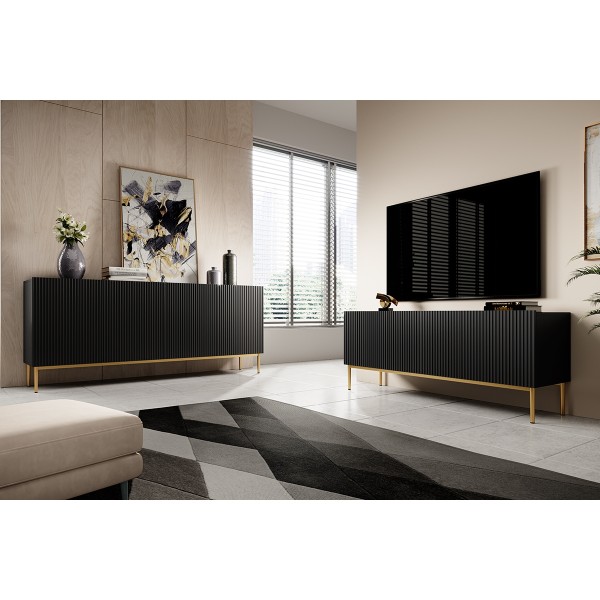 Szafka RTV Nicole 150 cm - czarny mat / złote nóżki