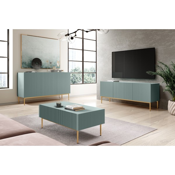 Szafka RTV Nicole 150 cm - szałwia MDF / złote nóżki