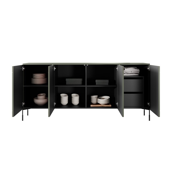 Komoda czterodrzwiowa z 2 ukrytymi szufladami Sonatia 200 cm - oliwka