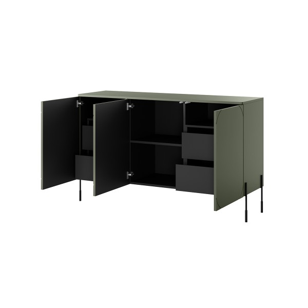 Komoda trzydrzwiowa z 4 ukrytymi szufladami Sonatia 150 cm - oliwka