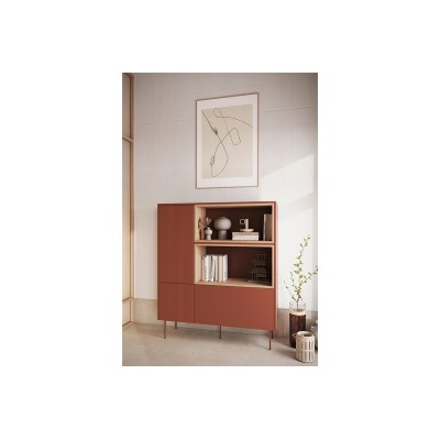 Komoda dwudrzwiowa wysoka z szufladą Desin 120 cm - ceramic red / dąb nagano