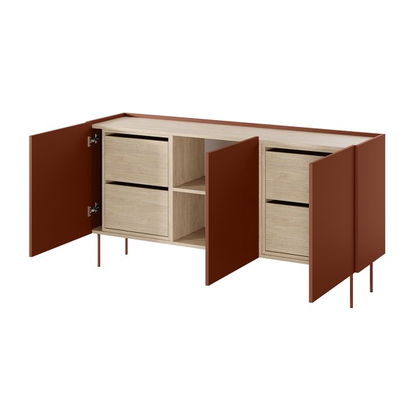 Komoda trzydrzwiowa z 4 ukrytymi szufladami Desin 170 cm - ceramic red / dąb nagano