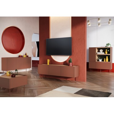 Komoda trzydrzwiowa z 4 ukrytymi szufladami Desin 170 cm - ceramic red / dąb nagano