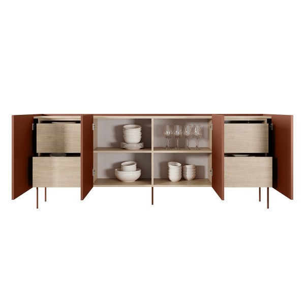 Komoda czterodrzwiowa z 4 ukrytymi szufladami Desin 220 cm - ceramic red / dąb nagano