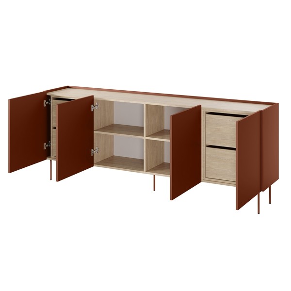 Komoda czterodrzwiowa z 4 ukrytymi szufladami Desin 220 cm - ceramic red / dąb nagano