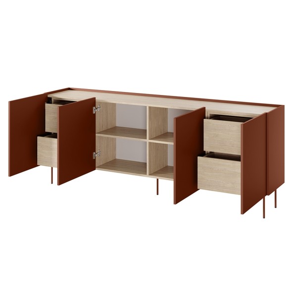 Komoda czterodrzwiowa z 4 ukrytymi szufladami Desin 220 cm - ceramic red / dąb nagano