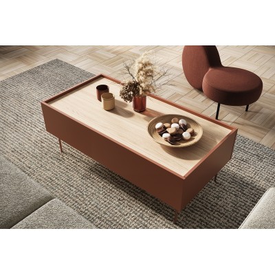 Stolik kawowy z 2 szufladami Desin 120 cm - ceramic red / dąb nagano