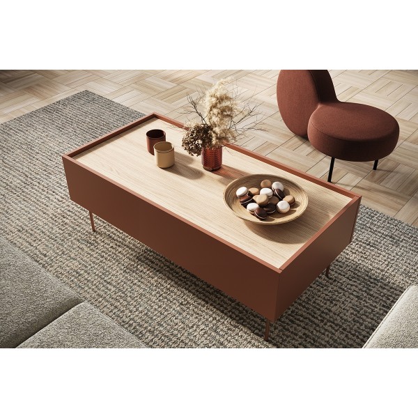 Stolik kawowy z 2 szufladami Desin 120 cm - ceramic red / dąb nagano