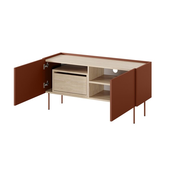 Szafka RTV dwudrzwiowa z ukrytą szufladą Desin 120 cm - ceramic red / dąb nagano