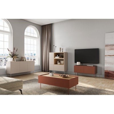 Szafka RTV dwudrzwiowa z ukrytą szufladą Desin 120 cm - ceramic red / dąb nagano