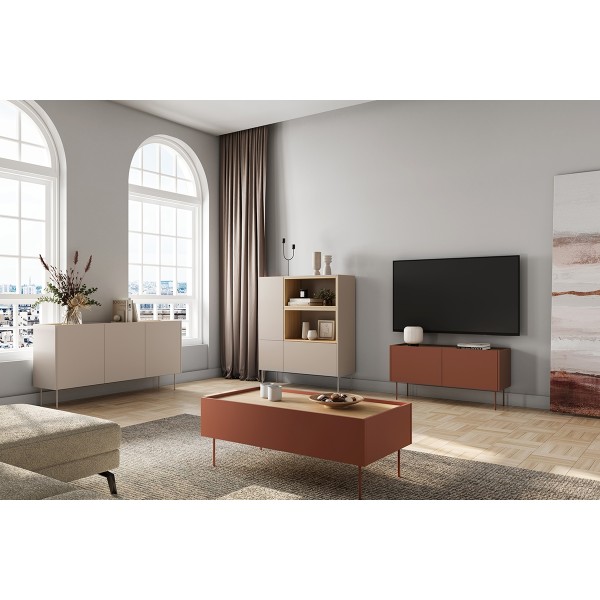 Szafka RTV dwudrzwiowa z ukrytą szufladą Desin 120 cm - ceramic red / dąb nagano