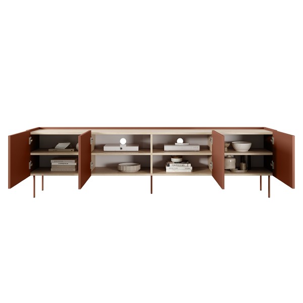 Szafka RTV czterodrzwiowa Desin 220 cm - ceramic red / dąb nagano